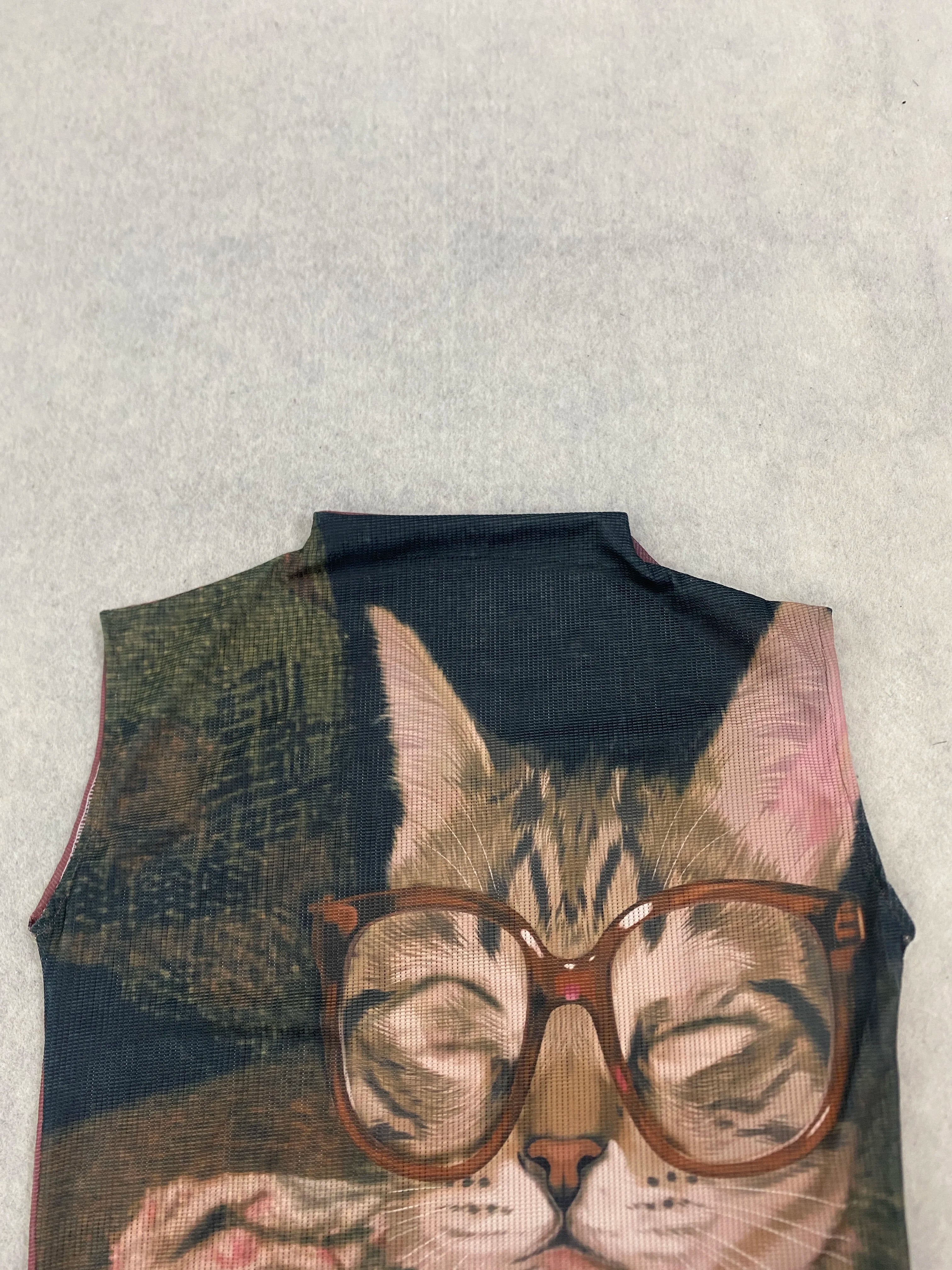 Y2K American Retro Worn Dark Base Lazy Eyeglass Kitten Half High Neck Sleeveless Fitted Waist Unique Blouse