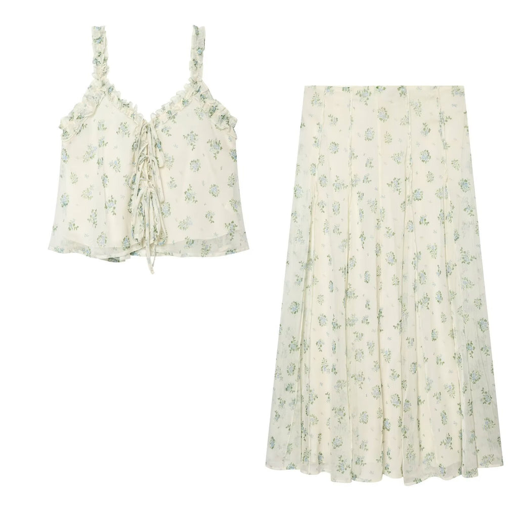 French floral V-neck top+A-line large swing skirt set