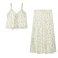 French floral V-neck top+A-line large swing skirt set