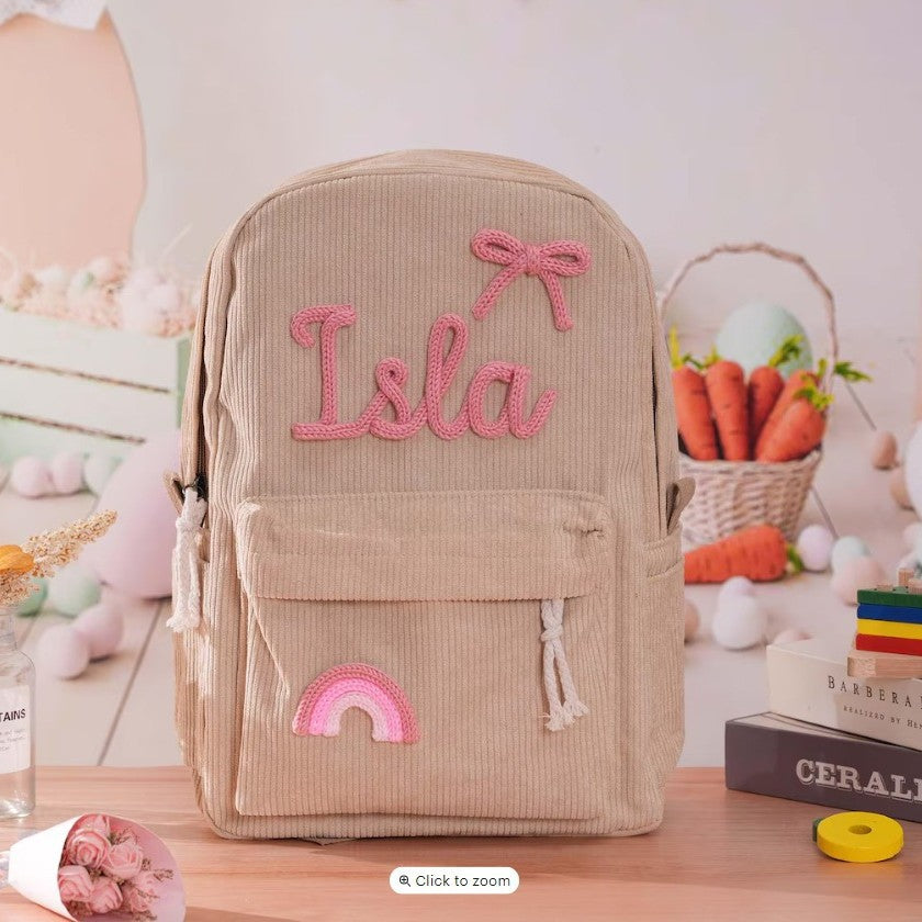 Cross-border Cute Corduroy Large Capacity Backpack with Adhesive for Letters, Kids and Students School Bag