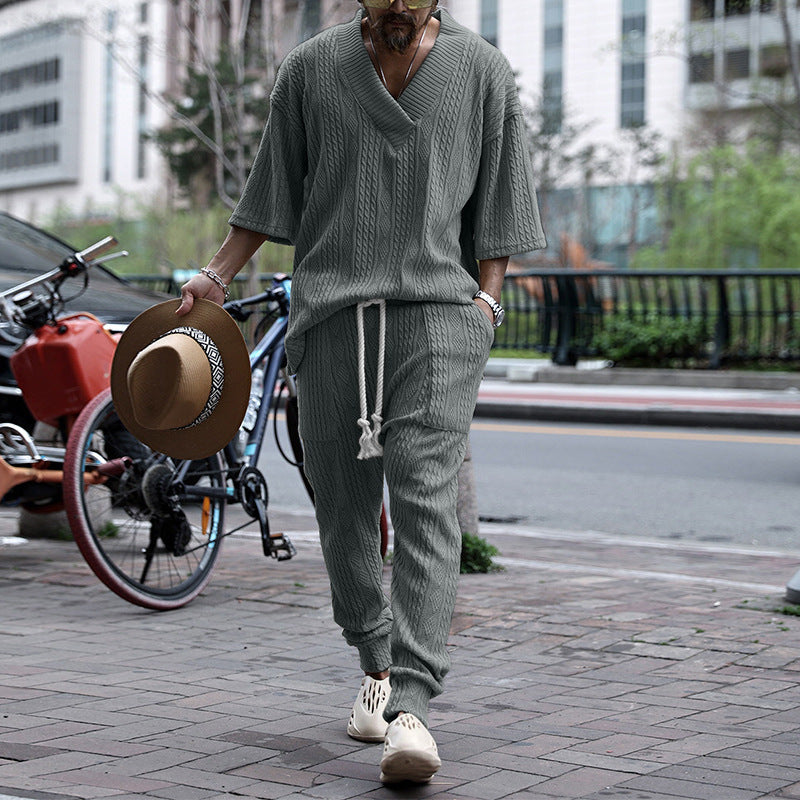 Summer New Casual Knitwear Set for Men, Loose Short Sleeve T-Shirt and Long Pants, Men's Knitted Outfit