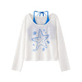 Starfish Print Two-Piece Strap Long Sleeve T-Shirt for Women, Color-Blocking Tie-Waist Slim Fit Cropped Top