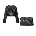V-rivet short waist exposed jacket+high waist short skirt set