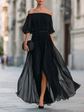 New Black Chiffon Maxi Dress with Split, One-Shoulder Design, Flowing and Draping Skirt