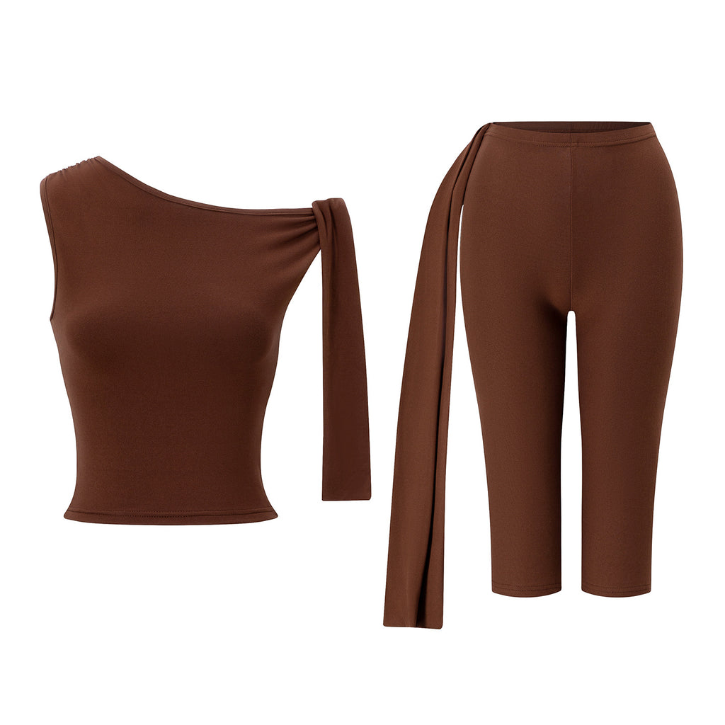 Slant neck solid color sleeveless top slim fit lace up shorts set