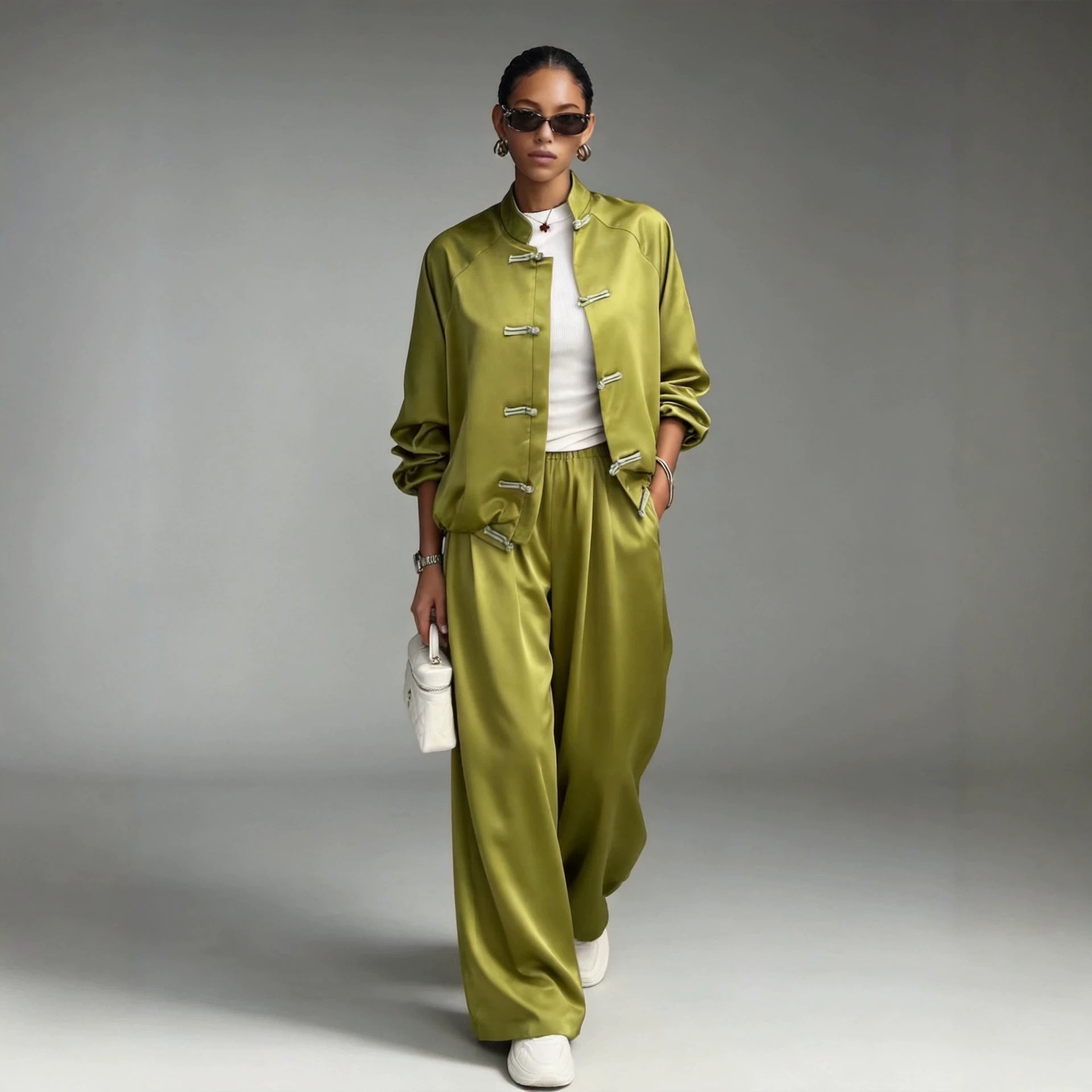 Satin set with hanging wide leg pants and drawstring two-piece set