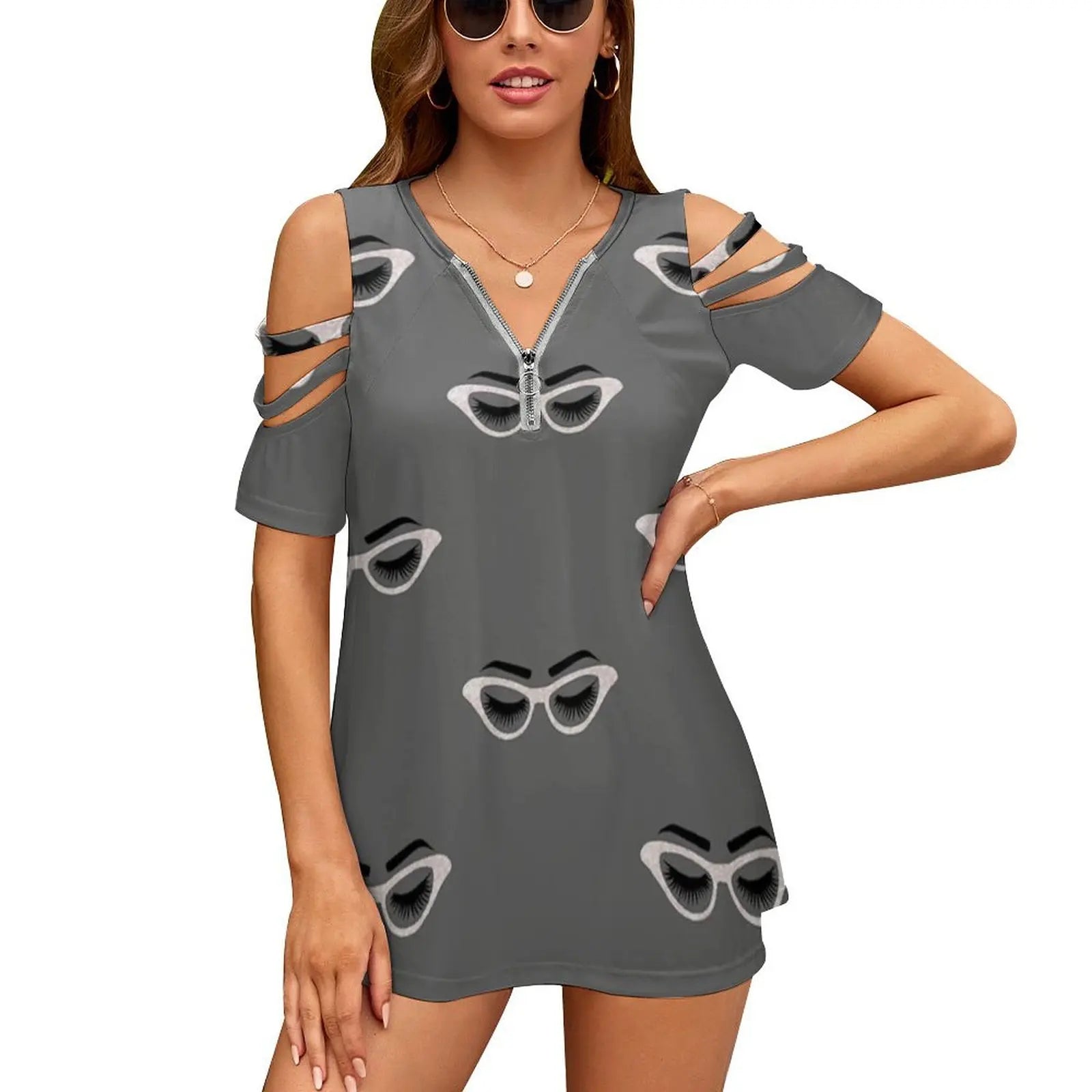 Lashes And Glasses Women Zipper Sexy Printed Vintage T Shirts Tops Full Print T-Shirt Lashes Lash Glasses Glass Eye Lashes