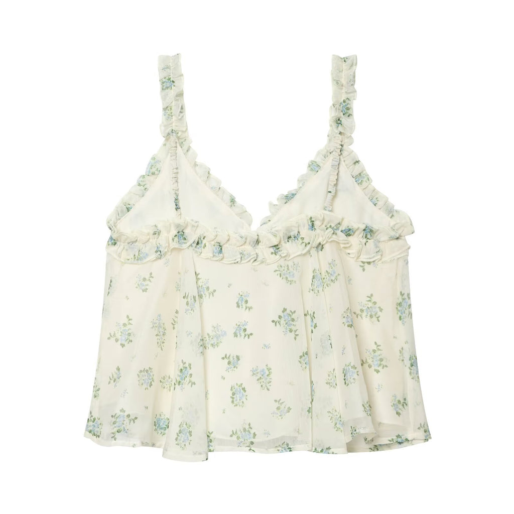 French floral V-neck top+A-line large swing skirt set