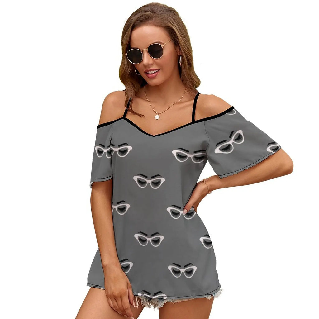 Lashes And Glasses Women Zipper Sexy Printed Vintage T Shirts Tops Full Print T-Shirt Lashes Lash Glasses Glass Eye Lashes