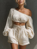 Shoulder long sleeved short top+high waisted casual shorts set for women