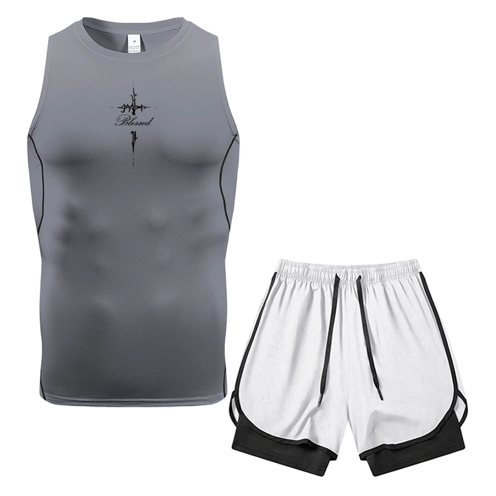 Mens 2 Piece Compression Sleeveless Vest Thorn Cross Text Print Dual Layer Shorts With Pocket Towel Ring Gym Training Outfit