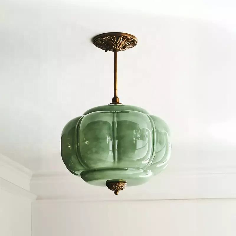 Vintage All-Copper Ceiling Lamp, American Style Simple Glass Pumpkin Pendant Light for Restaurant, Bedroom, Study, Balcony, Entryway, Retro Chandelier
