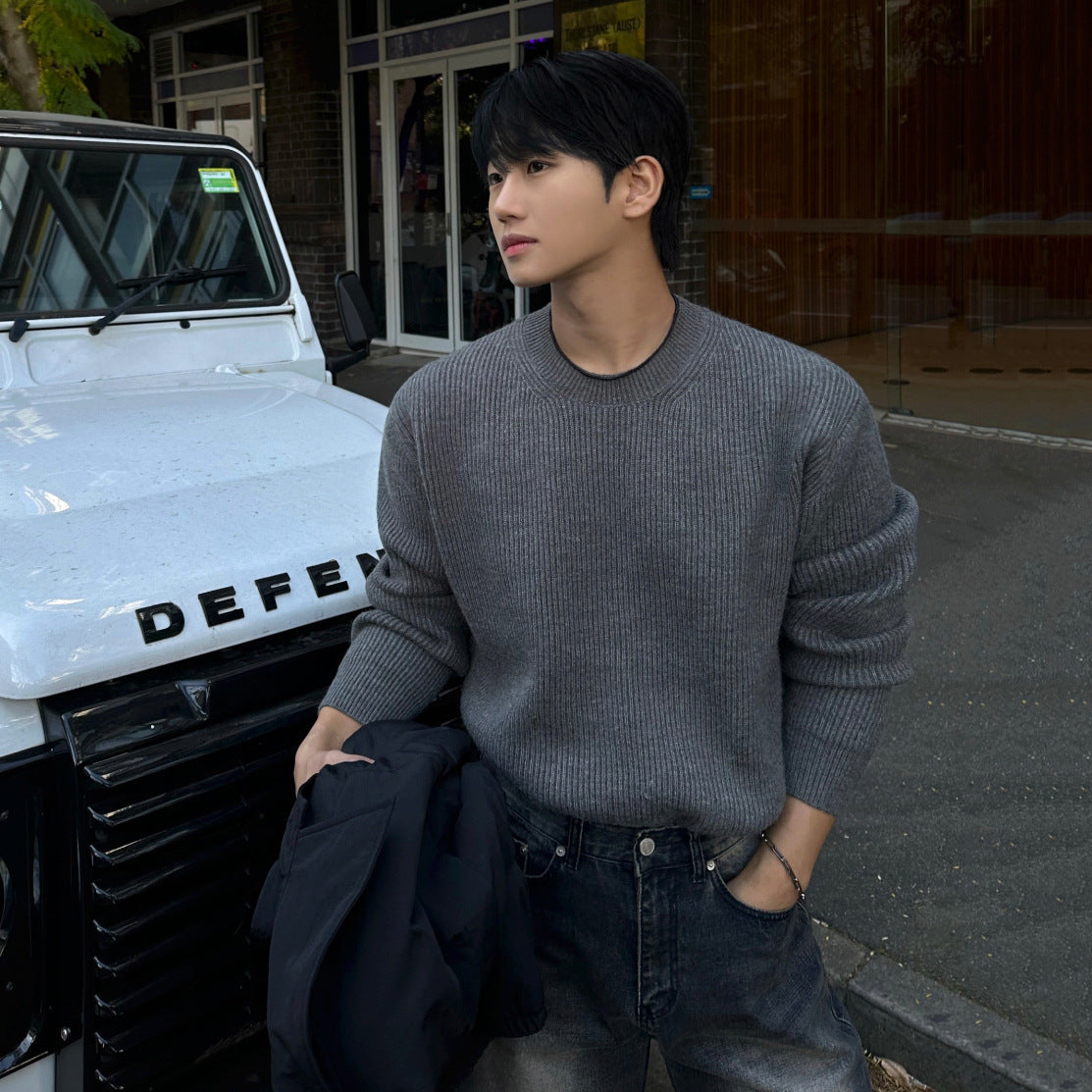 Mature Style Solid Color Crewneck Sweater Men Winter Warm Loose Knit Base Layer  Commute Outfit