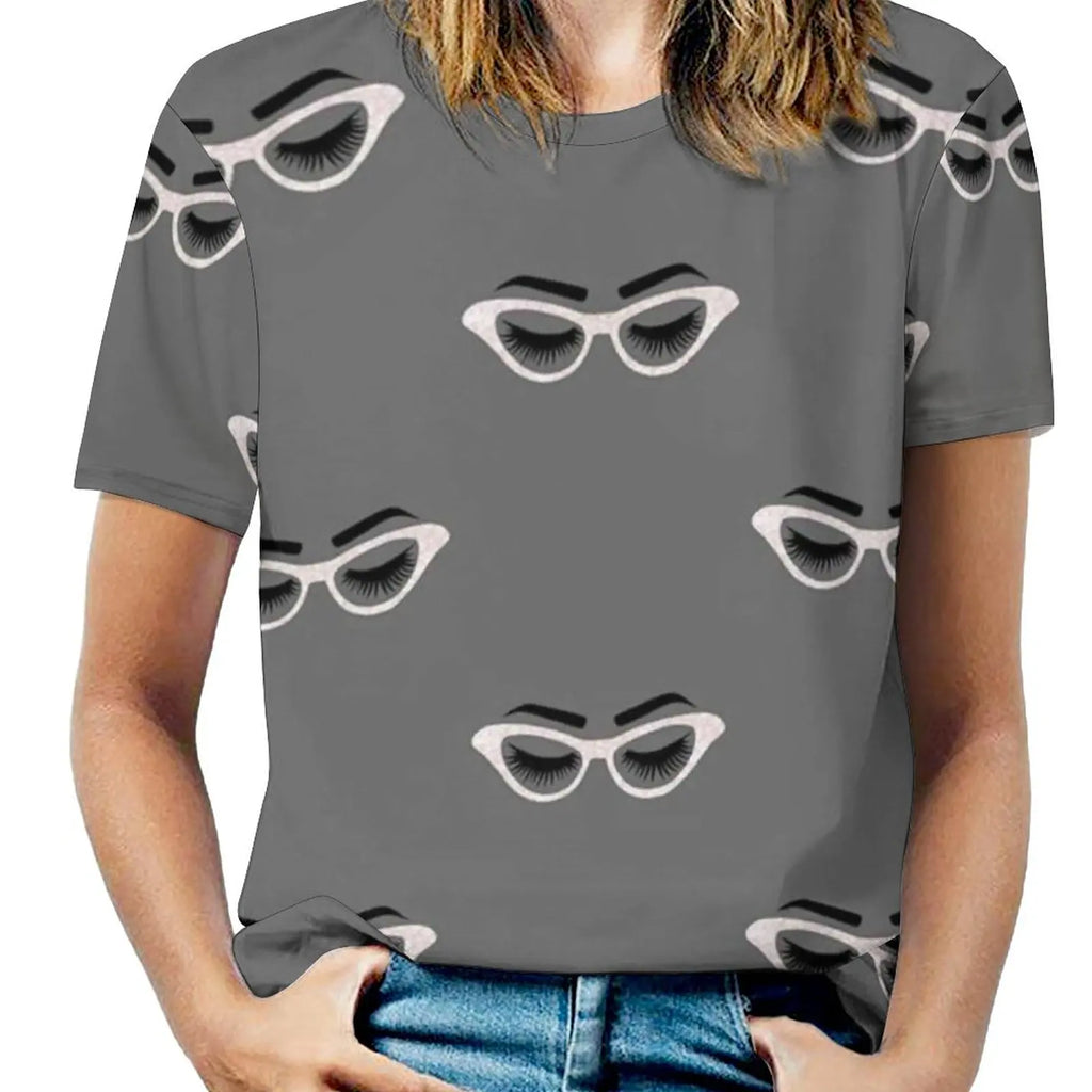 Lashes And Glasses Women Zipper Sexy Printed Vintage T Shirts Tops Full Print T-Shirt Lashes Lash Glasses Glass Eye Lashes