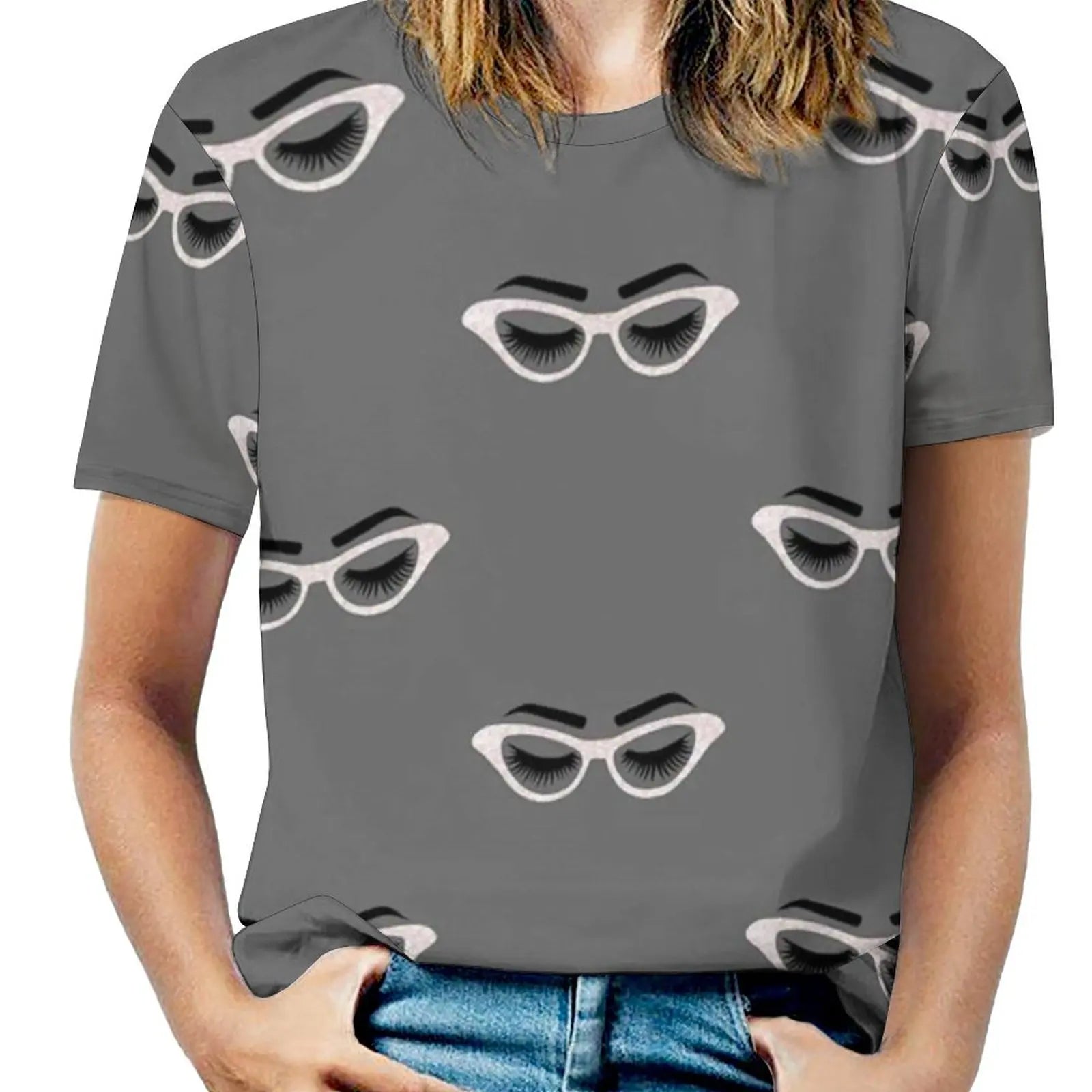 Lashes And Glasses Women Zipper Sexy Printed Vintage T Shirts Tops Full Print T-Shirt Lashes Lash Glasses Glass Eye Lashes