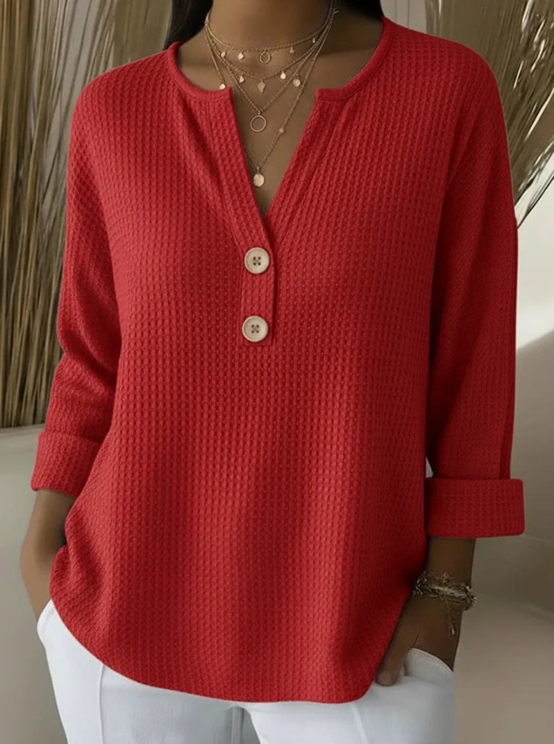 V-neck Waffle Knit Women's Sweater Solid Color Casual Long Sleeve Top Pullover