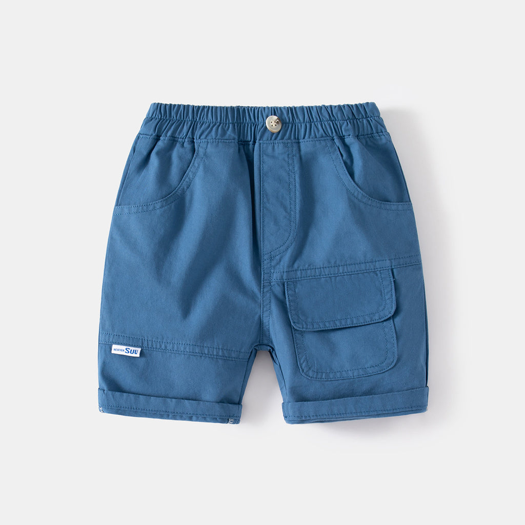 Casual Khaki Five-Point Pants with Large Pockets Faux Button Elastic Waistband Kids Sport Shorts