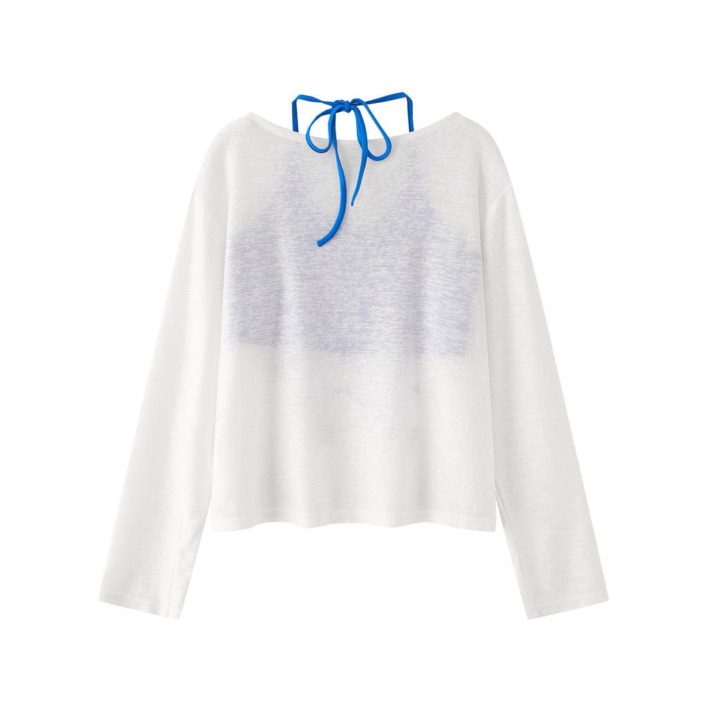 Starfish Print Two-Piece Strap Long Sleeve T-Shirt for Women, Color-Blocking Tie-Waist Slim Fit Cropped Top