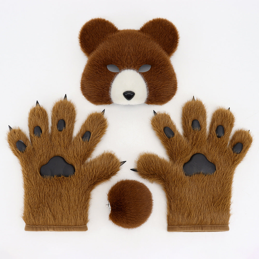 Halloween Fuzzy Costume Set with Realistic Bear Mask and Handmade Bear Paw Gloves for Cosplay and Convention Props