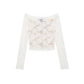 One-Shoulder Lace T-Shirt Rose Pattern Short Crop Top Waist-Baring Spicy Style Long Sleeve Top
