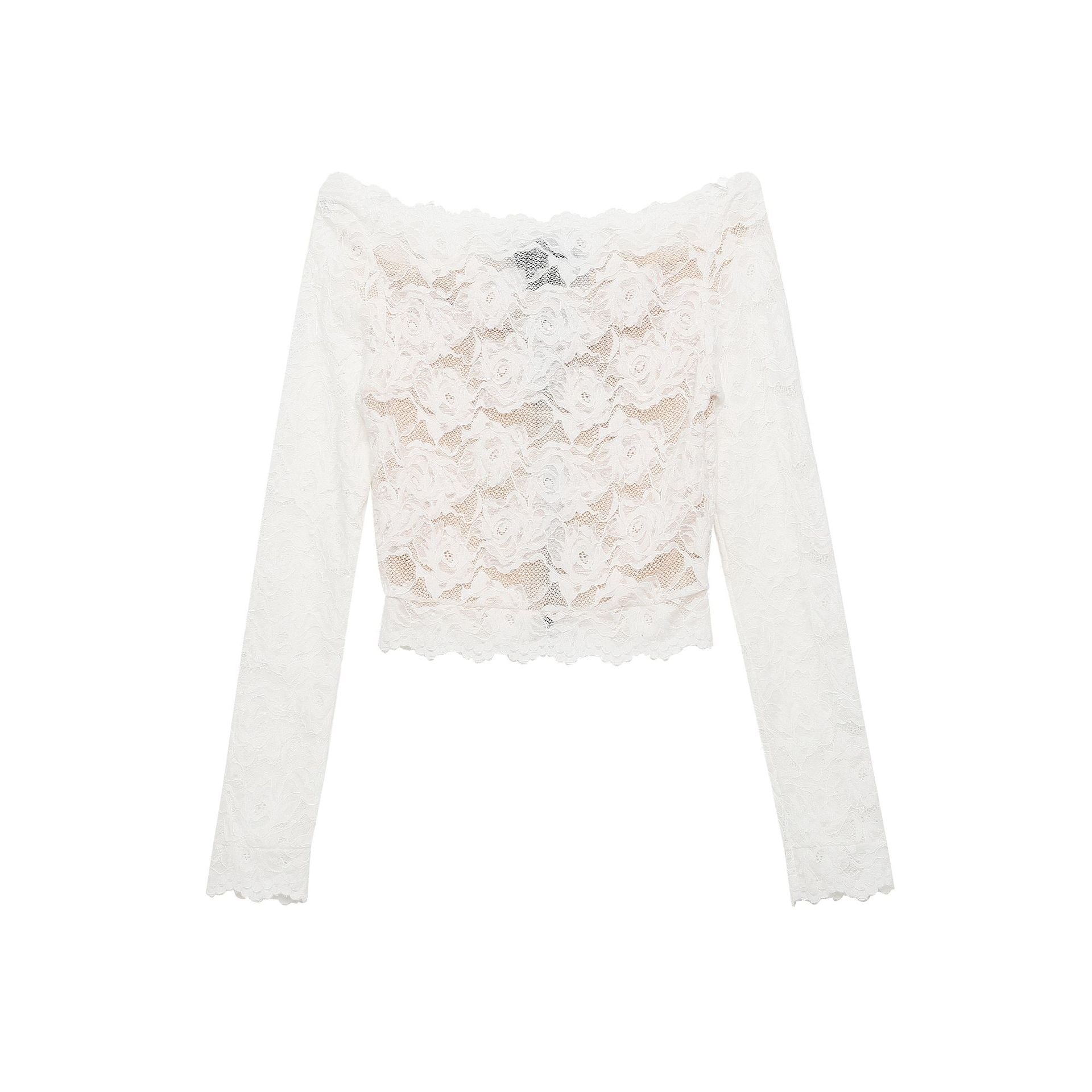 One-Shoulder Lace T-Shirt Rose Pattern Short Crop Top Waist-Baring Spicy Style Long Sleeve Top