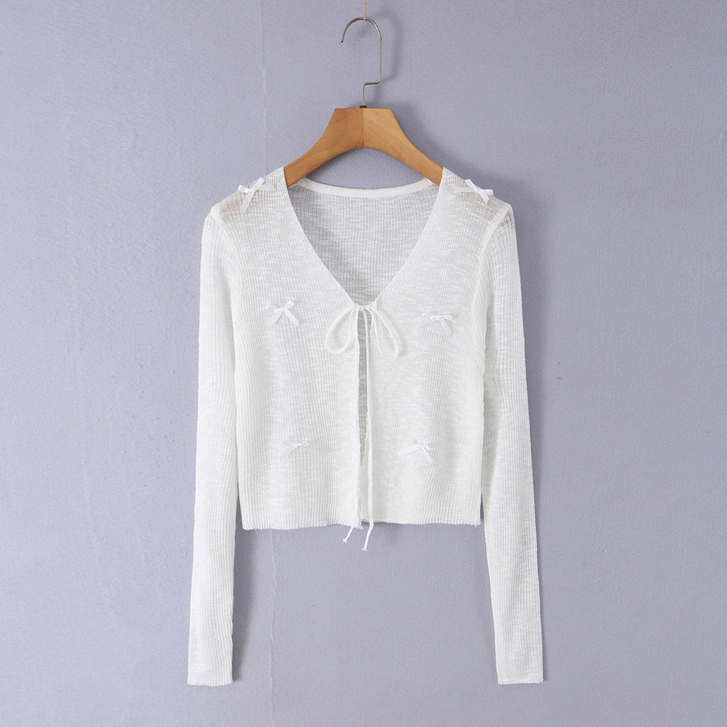 Hollow Sweet Bow Tie Soft Gentle Lightweight Top Outerwear Women