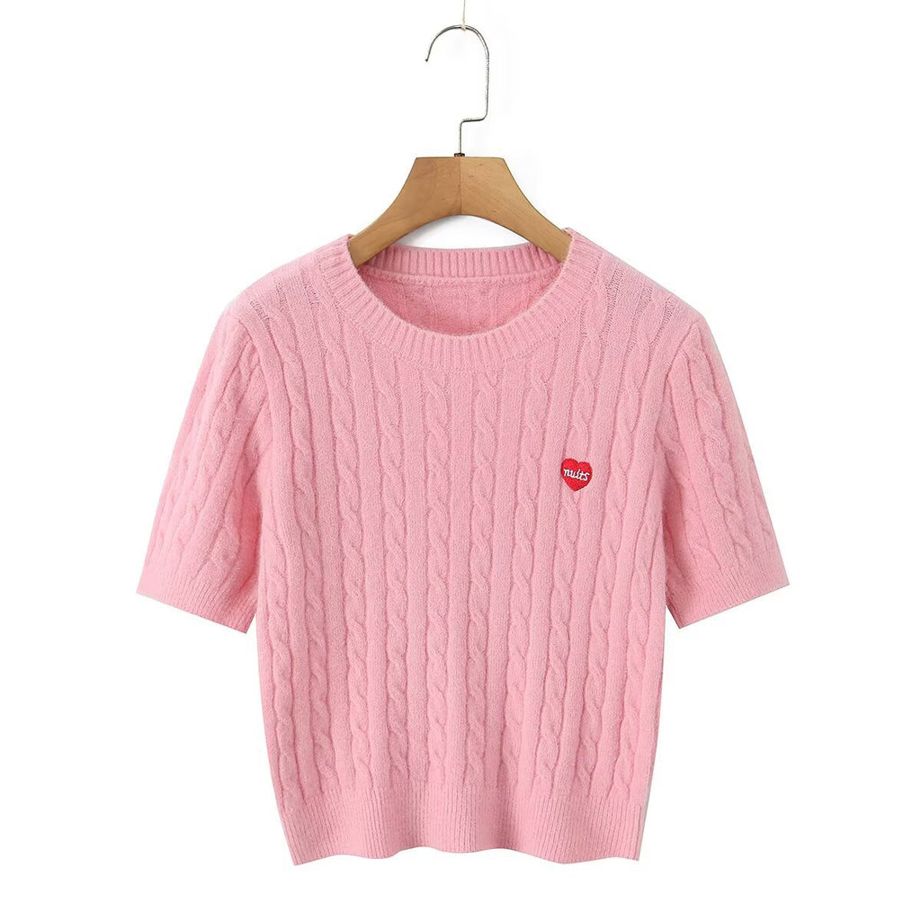 Short sleeved embroidery college style knitted sweater