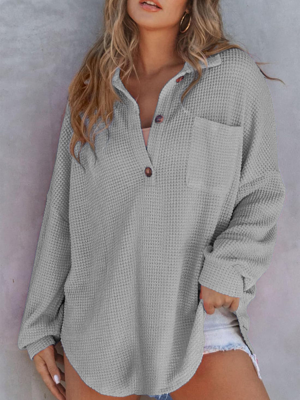 women's waffle knit top with cinched waist