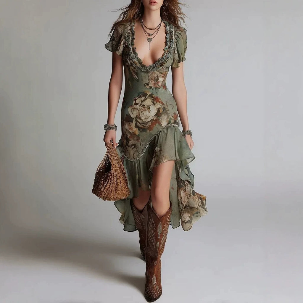 Vintage Oil Painting Print Irregular Hem Ruffle Sleeveless Fitted Western Style Long Dress