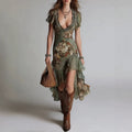 Vintage Oil Painting Print Irregular Hem Ruffle Sleeveless Fitted Western Style Long Dress