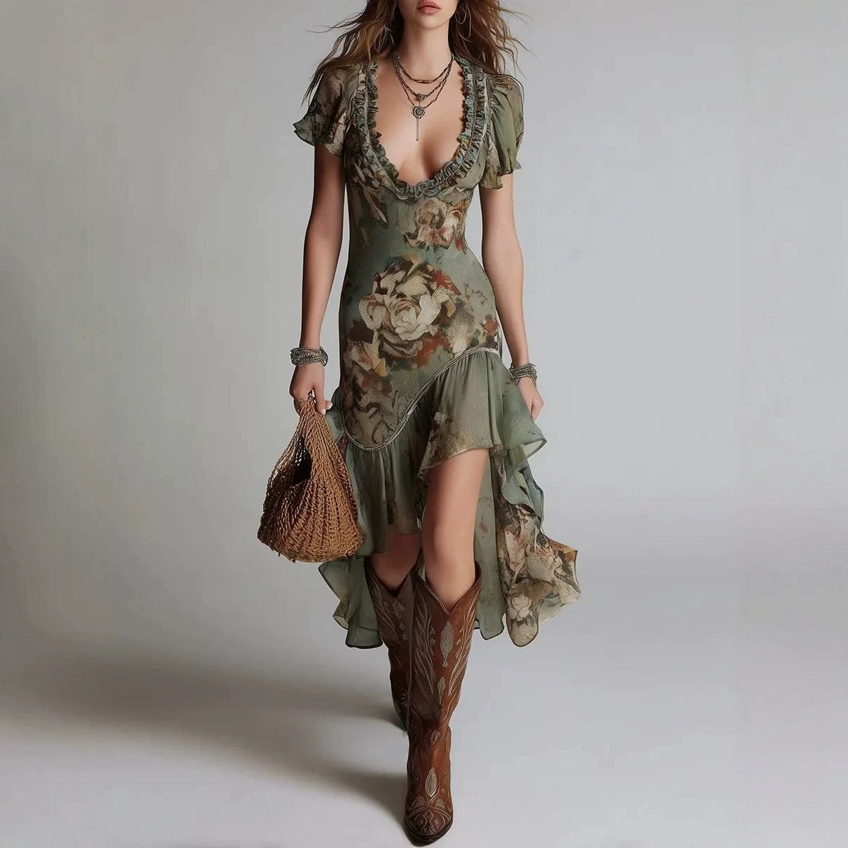 Vintage Oil Painting Print Irregular Hem Ruffle Sleeveless Fitted Western Style Long Dress