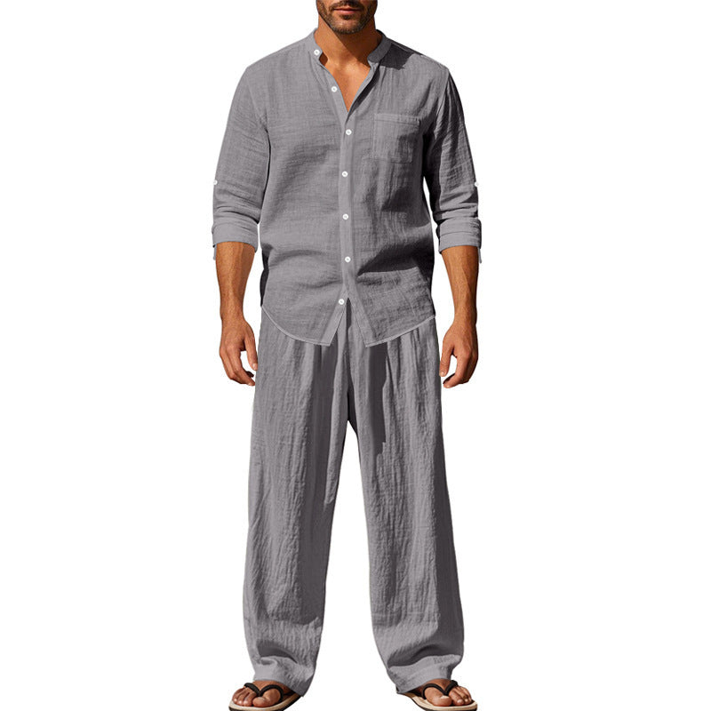 Casual Loose Breathable Linen Stand-up Collar Shirt and Long Pants Set for MenSpring and Autumn Wear