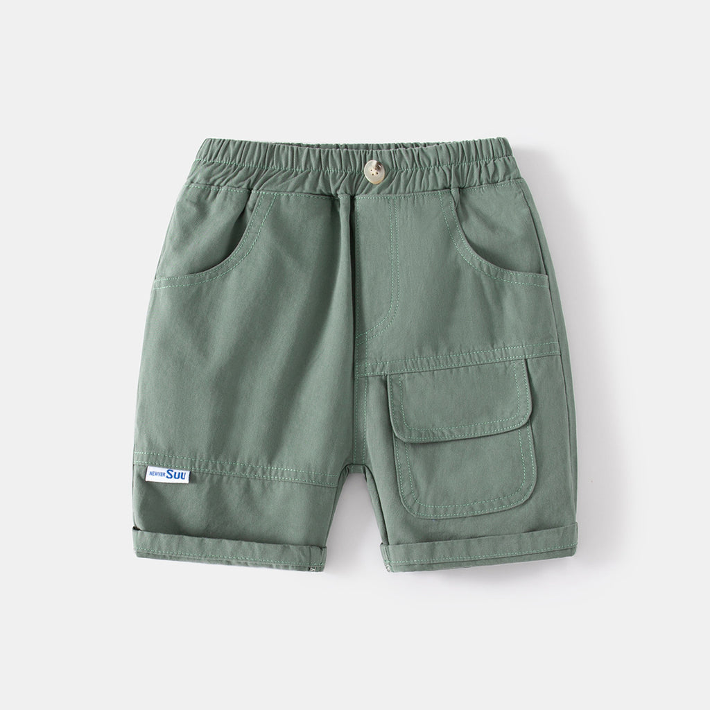 Casual Khaki Five-Point Pants with Large Pockets Faux Button Elastic Waistband Kids Sport Shorts