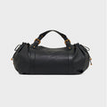 Black large capacity soft leather tote bag with pleated drawstring hand-held shoulder bag