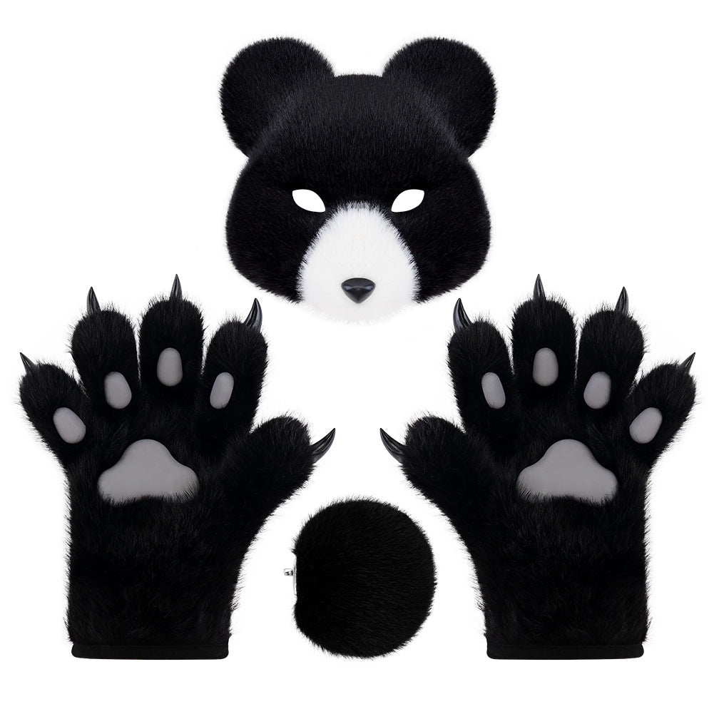 Halloween Fuzzy Costume Set with Realistic Bear Mask and Handmade Bear Paw Gloves for Cosplay and Convention Props