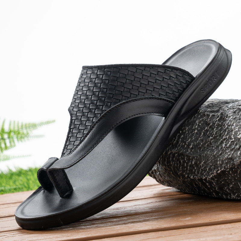 Woven Pattern Men's Slippers Summer Toe-Loop Slip-On Non-Slip Soft Sole Outdoor Beach Shoes