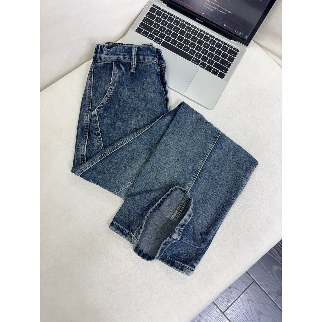 Lightning Pattern Washed Denim Pants Men Straight Leg Pants