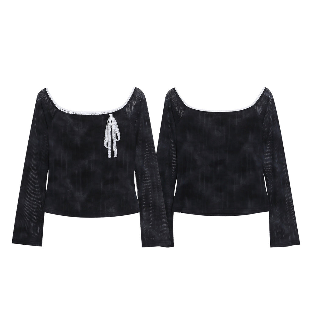 One-Shoulder Tie-Dye Long Sleeve T-Shirt for Women Lace Trim Belted Short Fitted