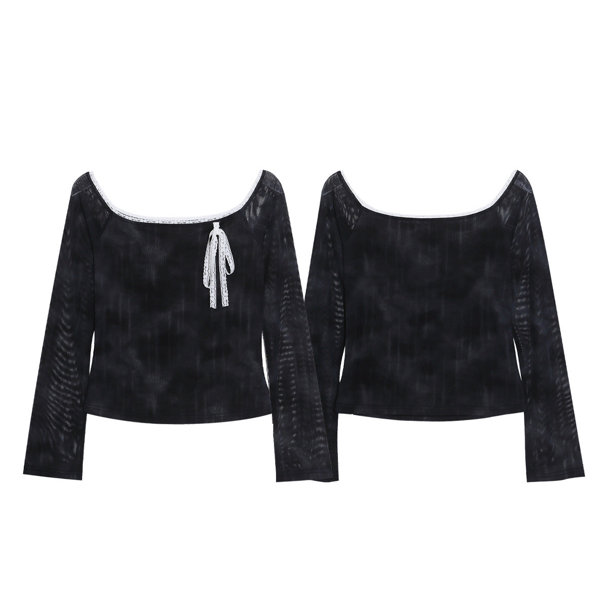 One-Shoulder Tie-Dye Long Sleeve T-Shirt for Women Lace Trim Belted Short Fitted