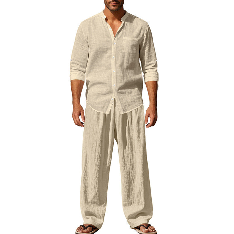 Casual Loose Breathable Linen Stand-up Collar Shirt and Long Pants Set for MenSpring and Autumn Wear