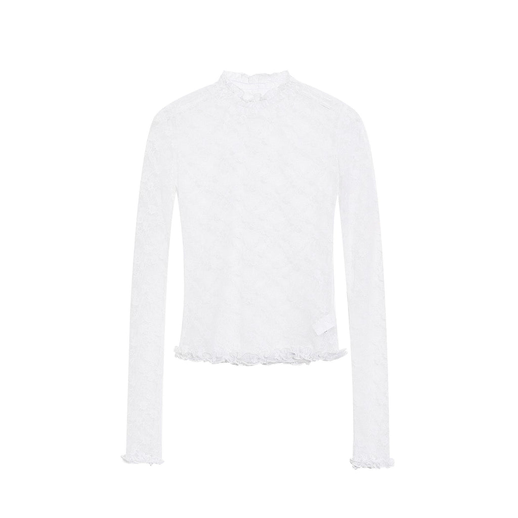 Neck Ruffled Lace Top for Women, Slim Fit Long Sleeve Mesh Inner Layer with Lace Trim