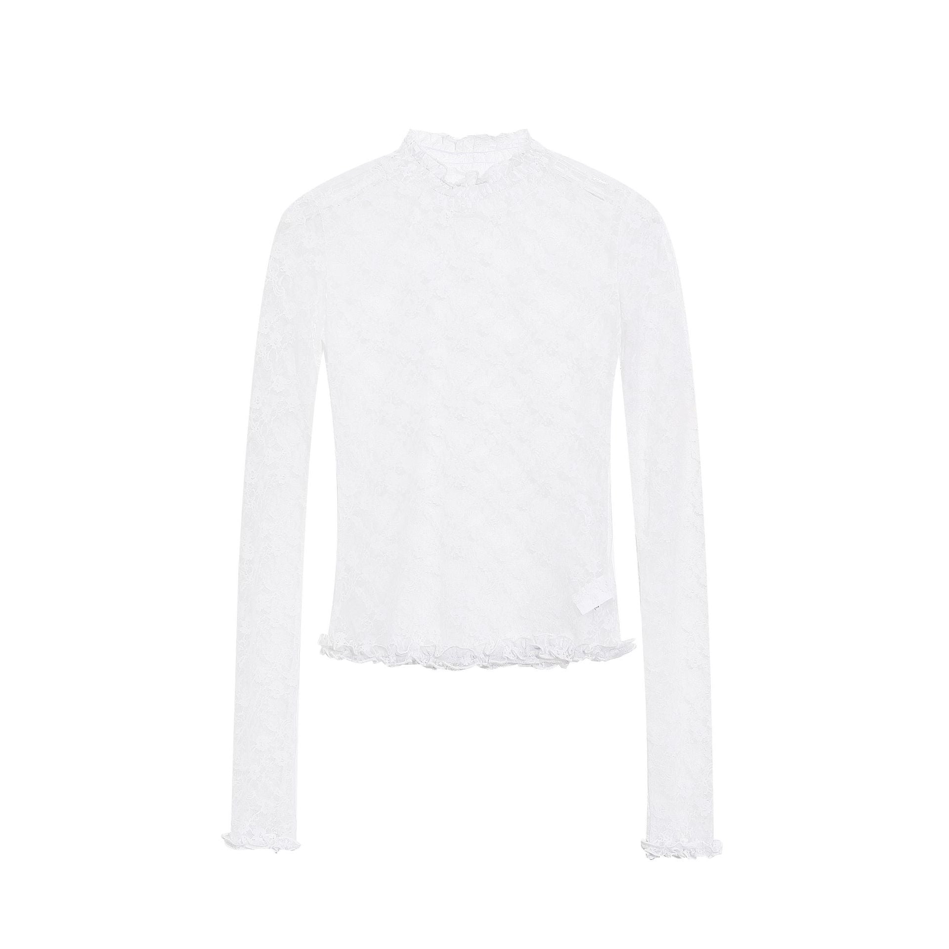 Neck Ruffled Lace Top for Women, Slim Fit Long Sleeve Mesh Inner Layer with Lace Trim