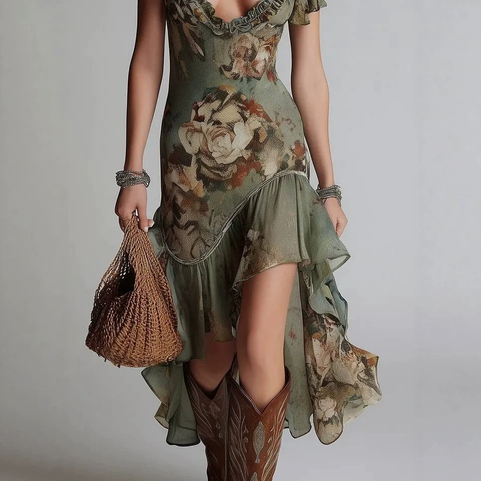 Vintage Oil Painting Print Irregular Hem Ruffle Sleeveless Fitted Western Style Long Dress