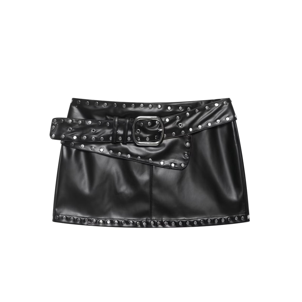 V-rivet short waist exposed jacket+high waist short skirt set