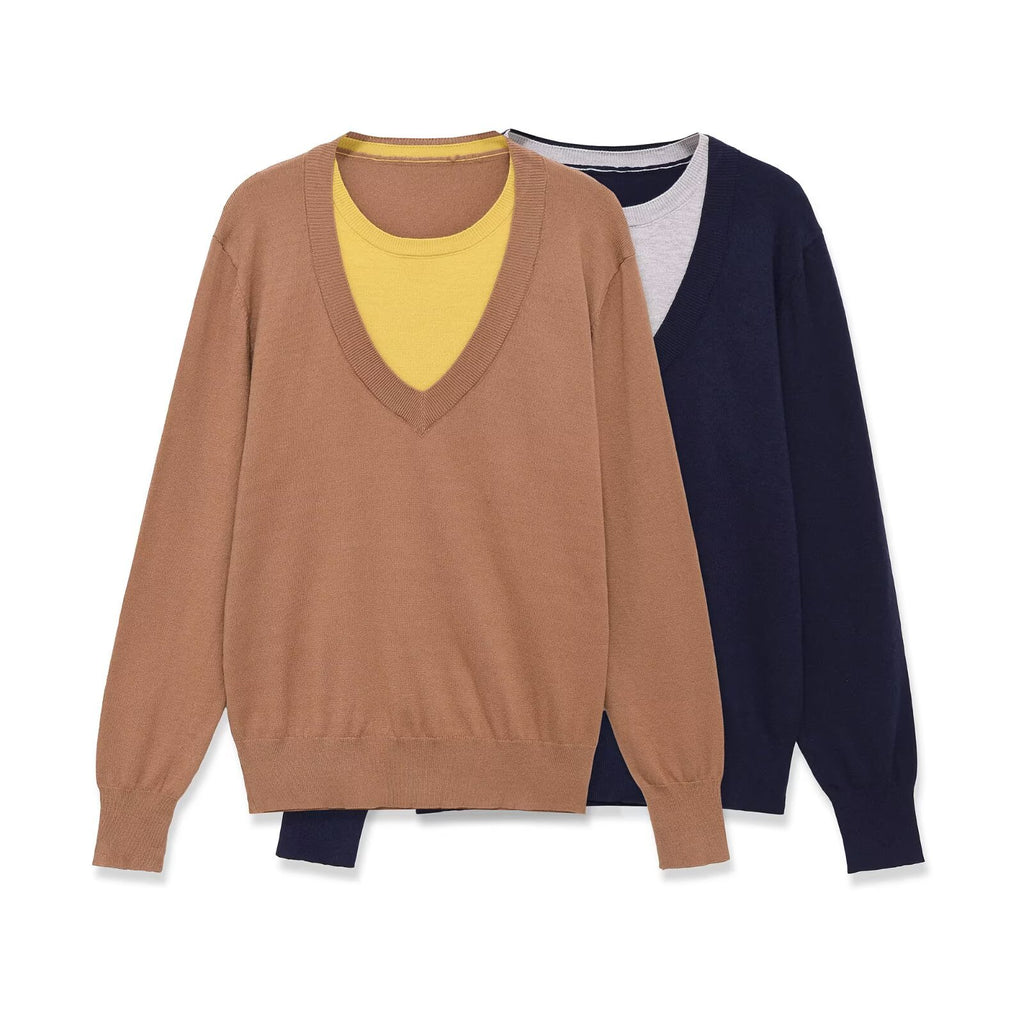 Long sleeved round neck patchwork knit sweater