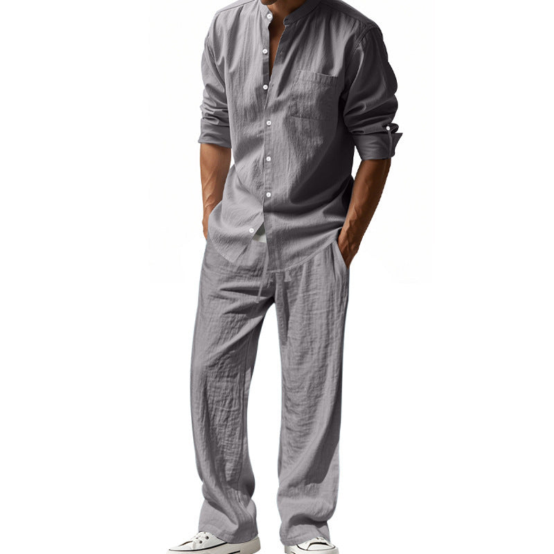 Casual Loose Breathable Linen Stand-up Collar Shirt and Long Pants Set for MenSpring and Autumn Wear