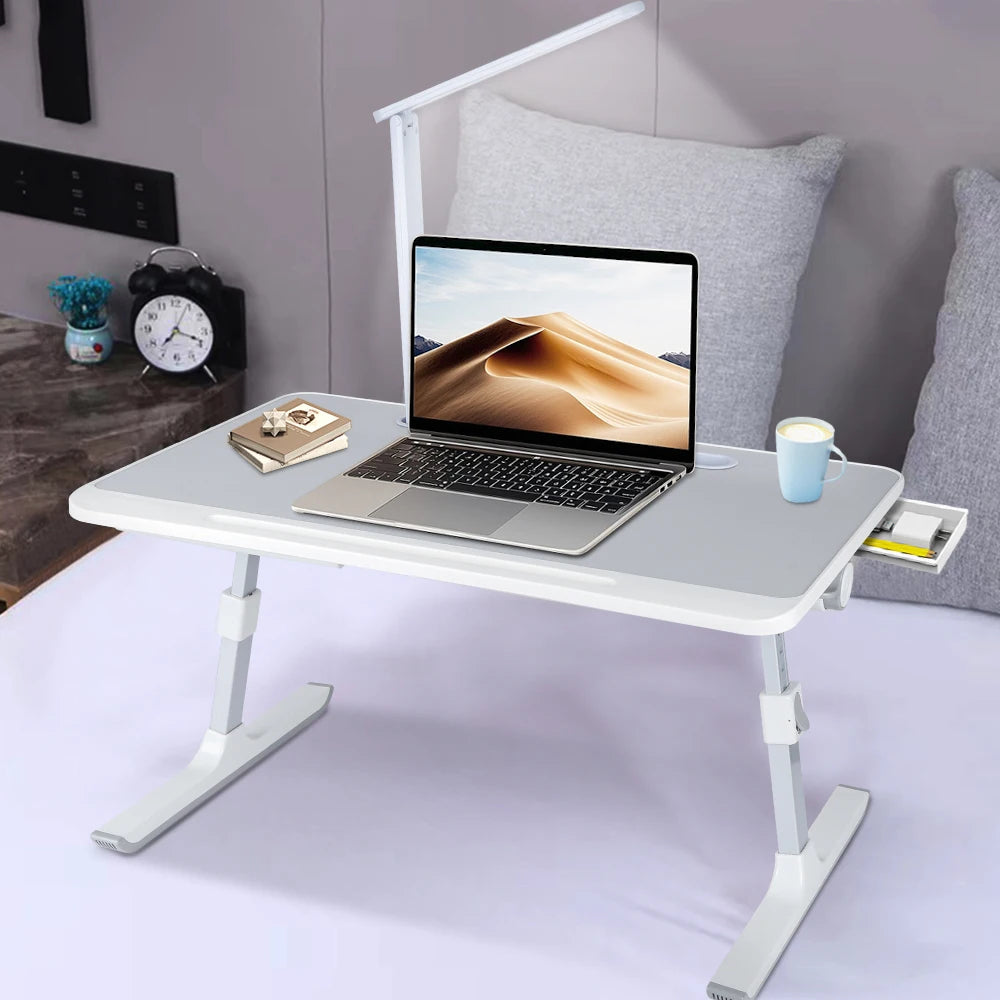 Table Bed Laptop Table, Height Angle Adjustable, Bedside Table Foldable With Drawer And LED Lamp, 60 X 40 Cm