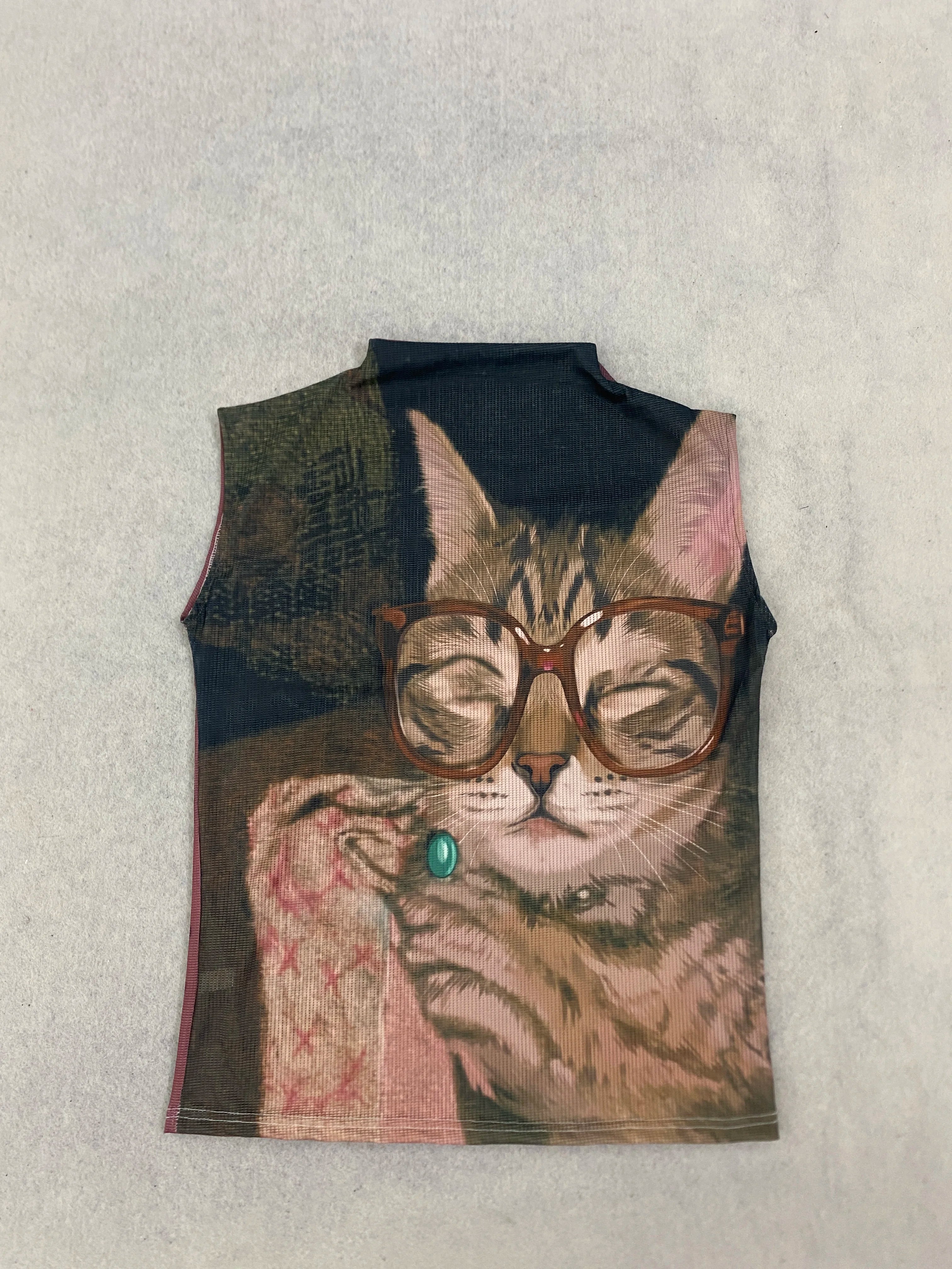 Y2K American Retro Worn Dark Base Lazy Eyeglass Kitten Half High Neck Sleeveless Fitted Waist Unique Blouse