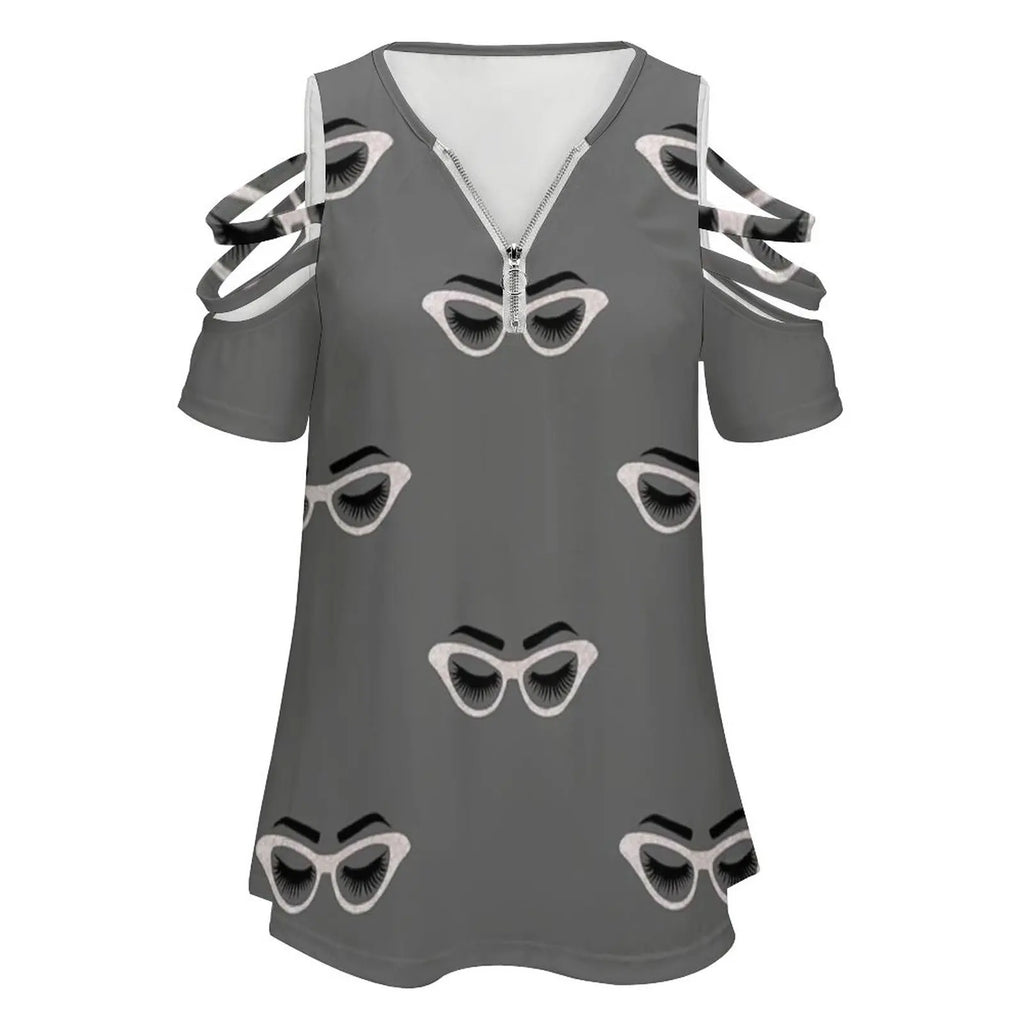 Lashes And Glasses Women Zipper Sexy Printed Vintage T Shirts Tops Full Print T-Shirt Lashes Lash Glasses Glass Eye Lashes