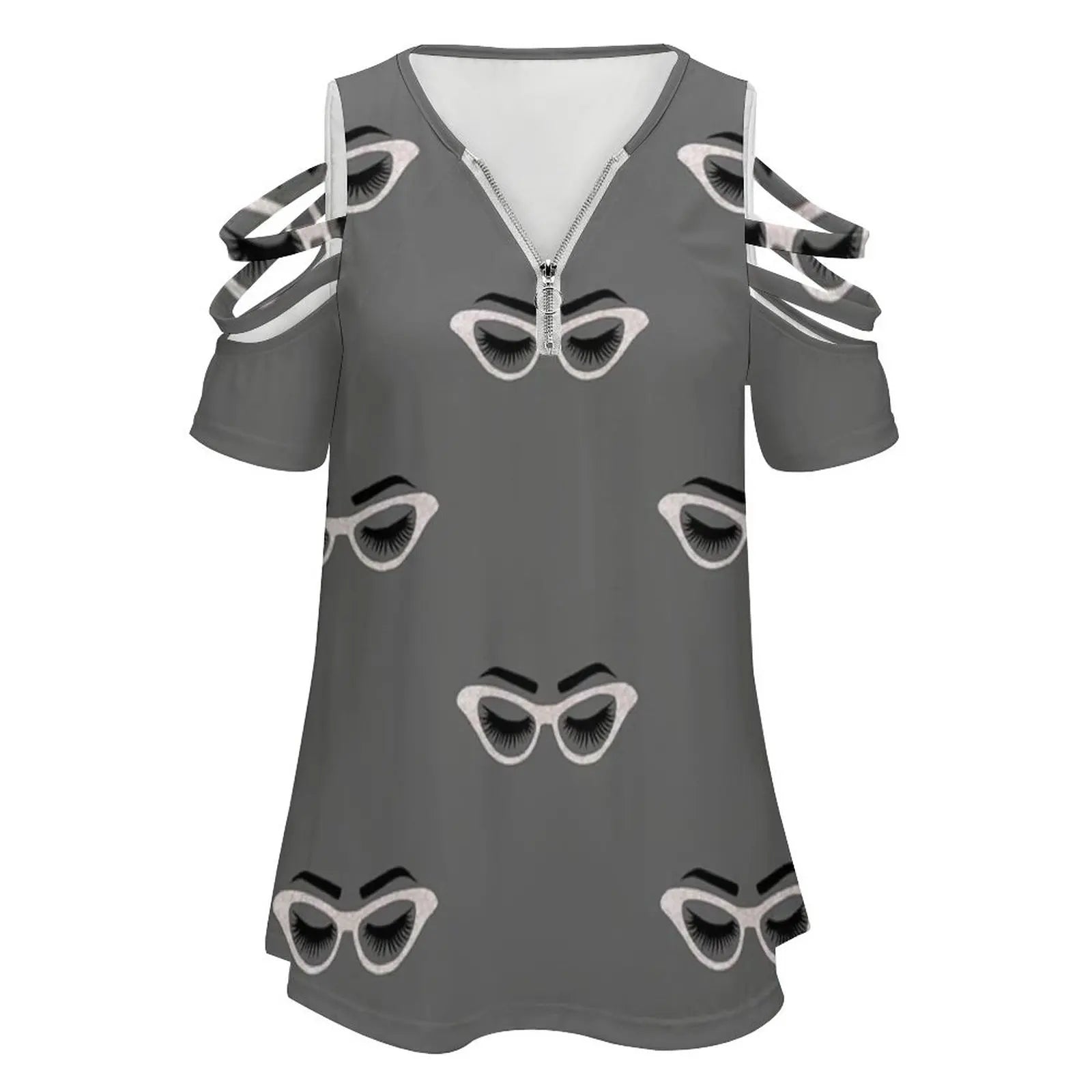 Lashes And Glasses Women Zipper Sexy Printed Vintage T Shirts Tops Full Print T-Shirt Lashes Lash Glasses Glass Eye Lashes